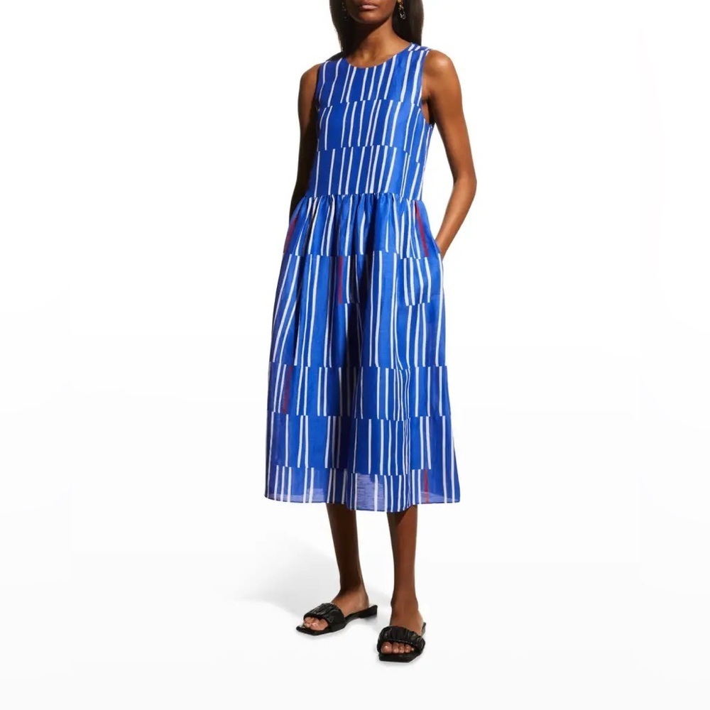 Lafayette 148 New York ||‎ Cass Striped Keyhole Dress Linen-Blend Blue Red XXS